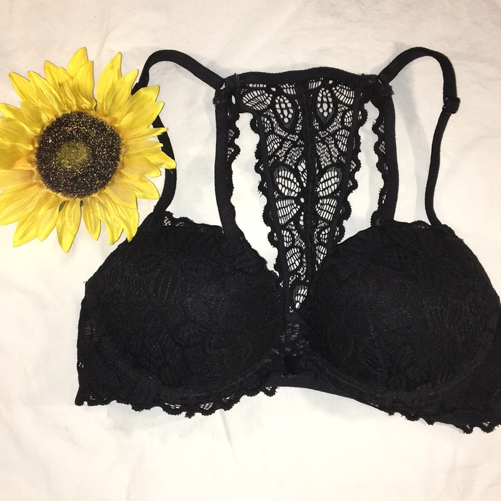 Front clasp black floral lace PINK push up bra